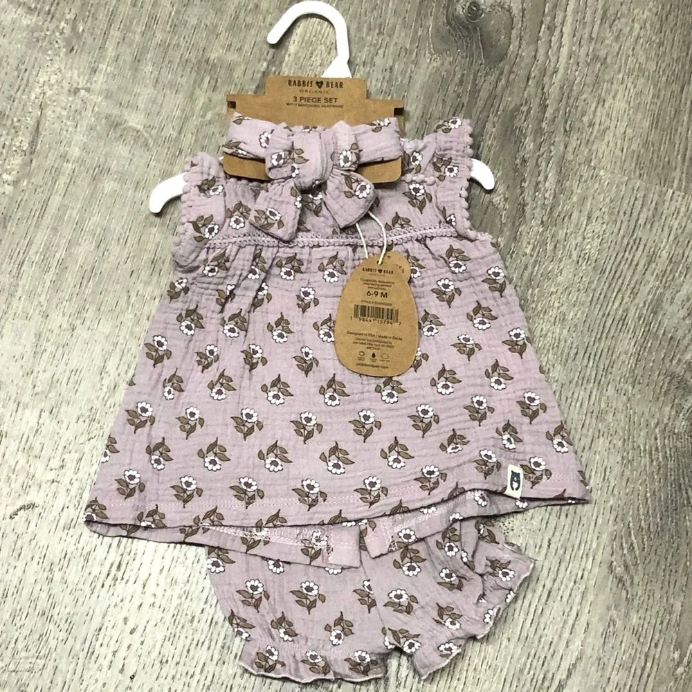 Rabbit & Bear Mauve Floral Dress with Coordinating Bloomers & Headband